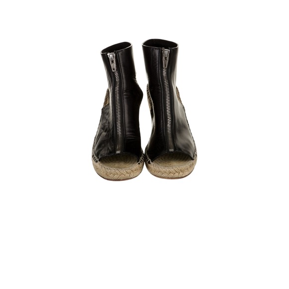 Celine Leather Espadrille Wedge Sandals Womens 7 Black Good Front Zip Peep Toe - Picture 4 of 6